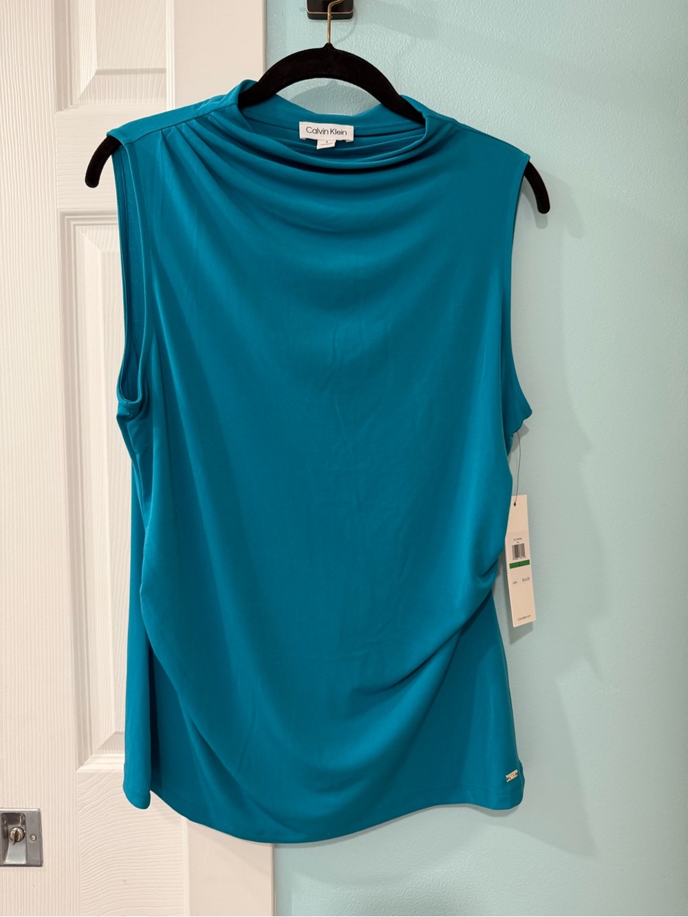 NWT Calvin Klein Women's Sleeveless Blouse Top Sz L Stretch Teal Blue